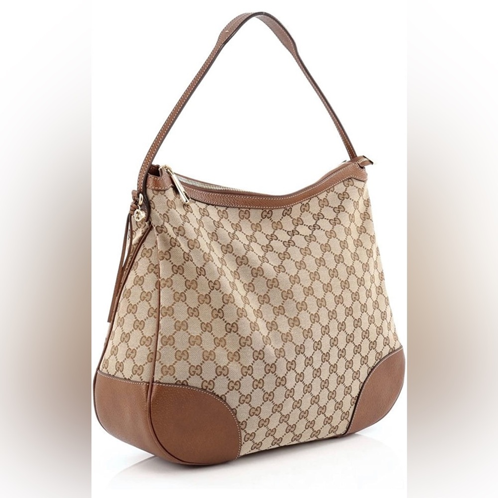 Gucci Beige Canvas Brown Leather Trim Large Structured Styling